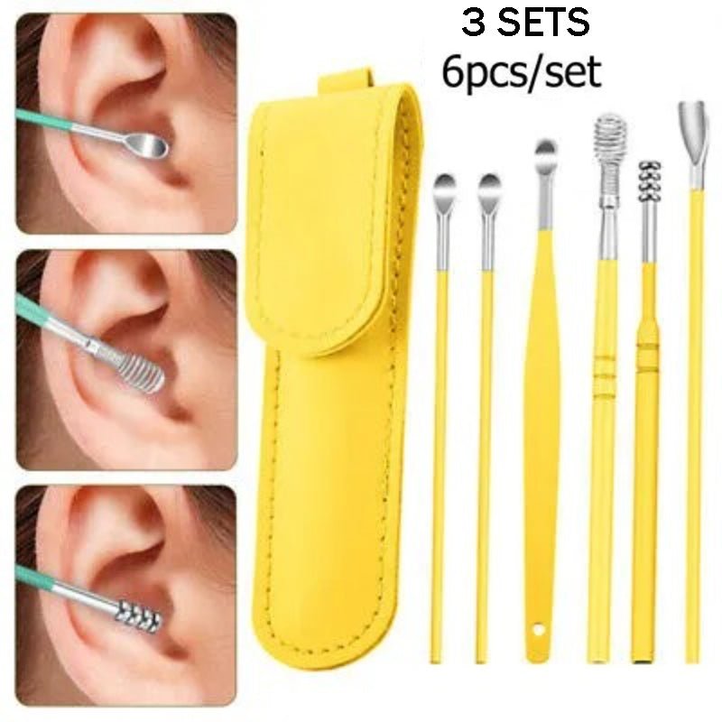 Pack of 3 Sets Stainless Steel Ear Wax Removal Kit with PU Leather Case (6 Pcs per Set) – Portable Ear Cleaner Tool Kit - Jaiqkam