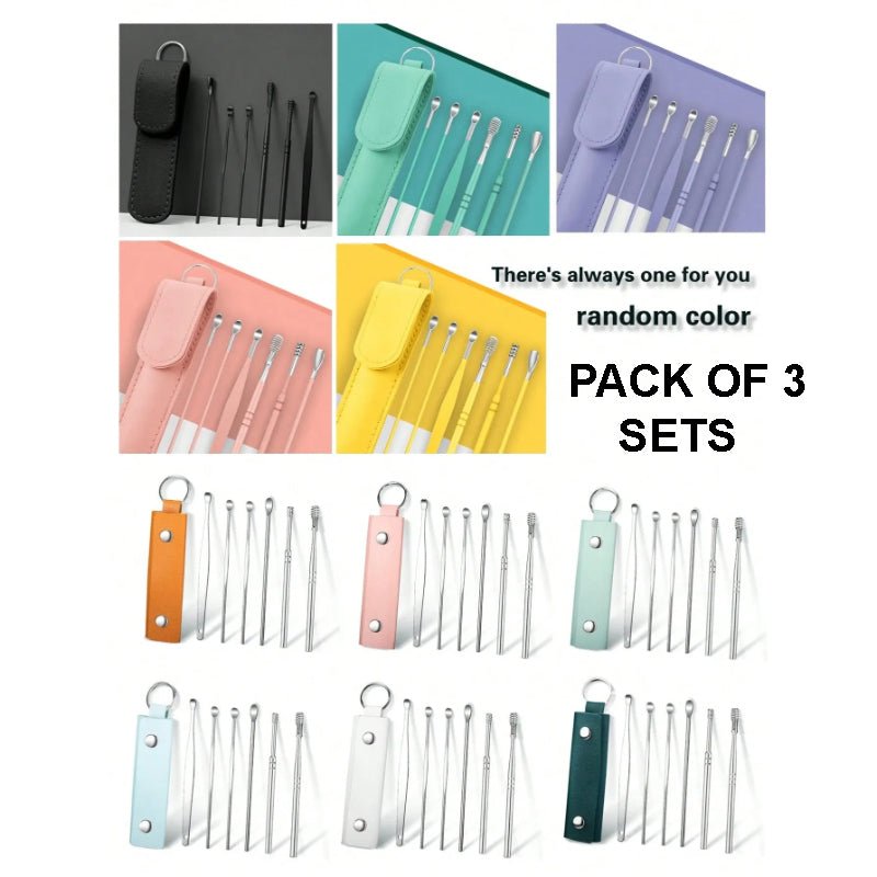 Pack of 3 Sets Stainless Steel Ear Wax Removal Kit with PU Leather Case (6 Pcs per Set) – Portable Ear Cleaner Tool Kit - Jaiqkam