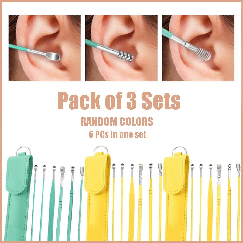 Pack of 3 Sets Stainless Steel Ear Wax Removal Kit with PU Leather Case (6 Pcs per Set) – Portable Ear Cleaner Tool Kit - Jaiqkam