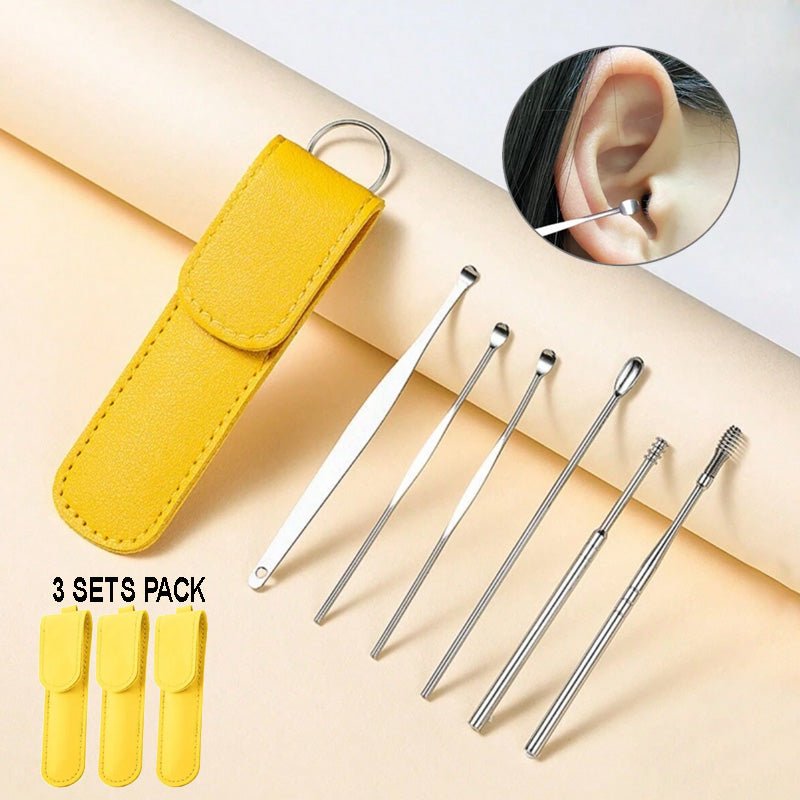 Pack of 3 Sets Stainless Steel Ear Wax Removal Kit with PU Leather Case (6 Pcs per Set) – Portable Ear Cleaner Tool Kit - Jaiqkam