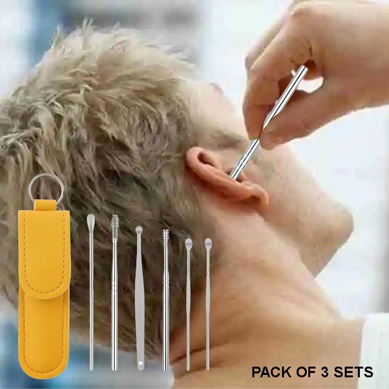 Pack of 3 Sets Stainless Steel Ear Wax Removal Kit with PU Leather Case (6 Pcs per Set) – Portable Ear Cleaner Tool Kit - Jaiqkam
